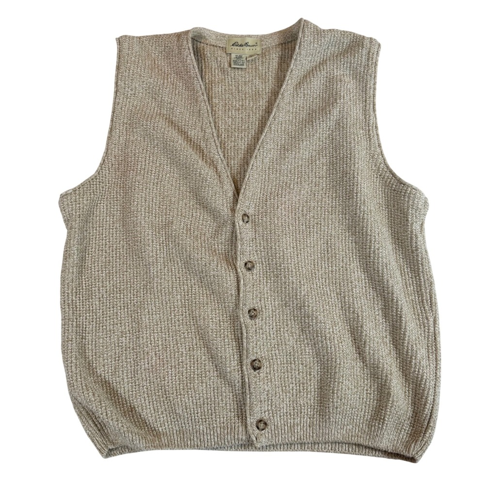 Vtg Eddie Bauer Neutral Knit Sweater Vest L 90s USA Grandpa Prep Luxury Academia